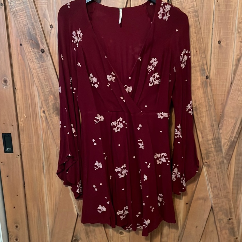 Free people mini dress burgundy with cream floral stitching and bell sleeves